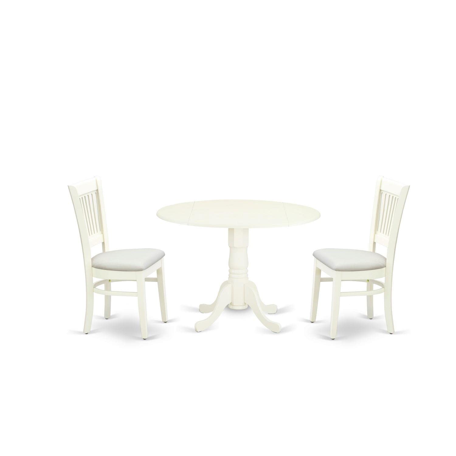East West Furniture Dublin 3 Piece Modern Set Contains A Round Wooden Table With Dropleaf And 2 Fabric Upholstered Dining Chairs, 42X42 Inch, Linen White